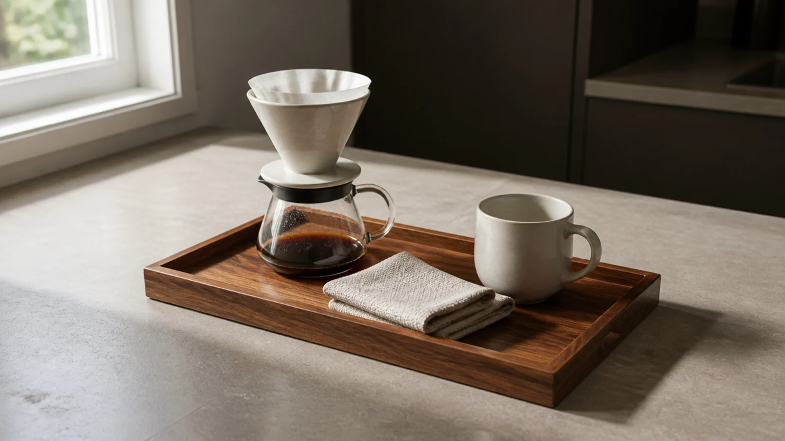 inexpensive wooden tray holding a small coffee setup on a counter