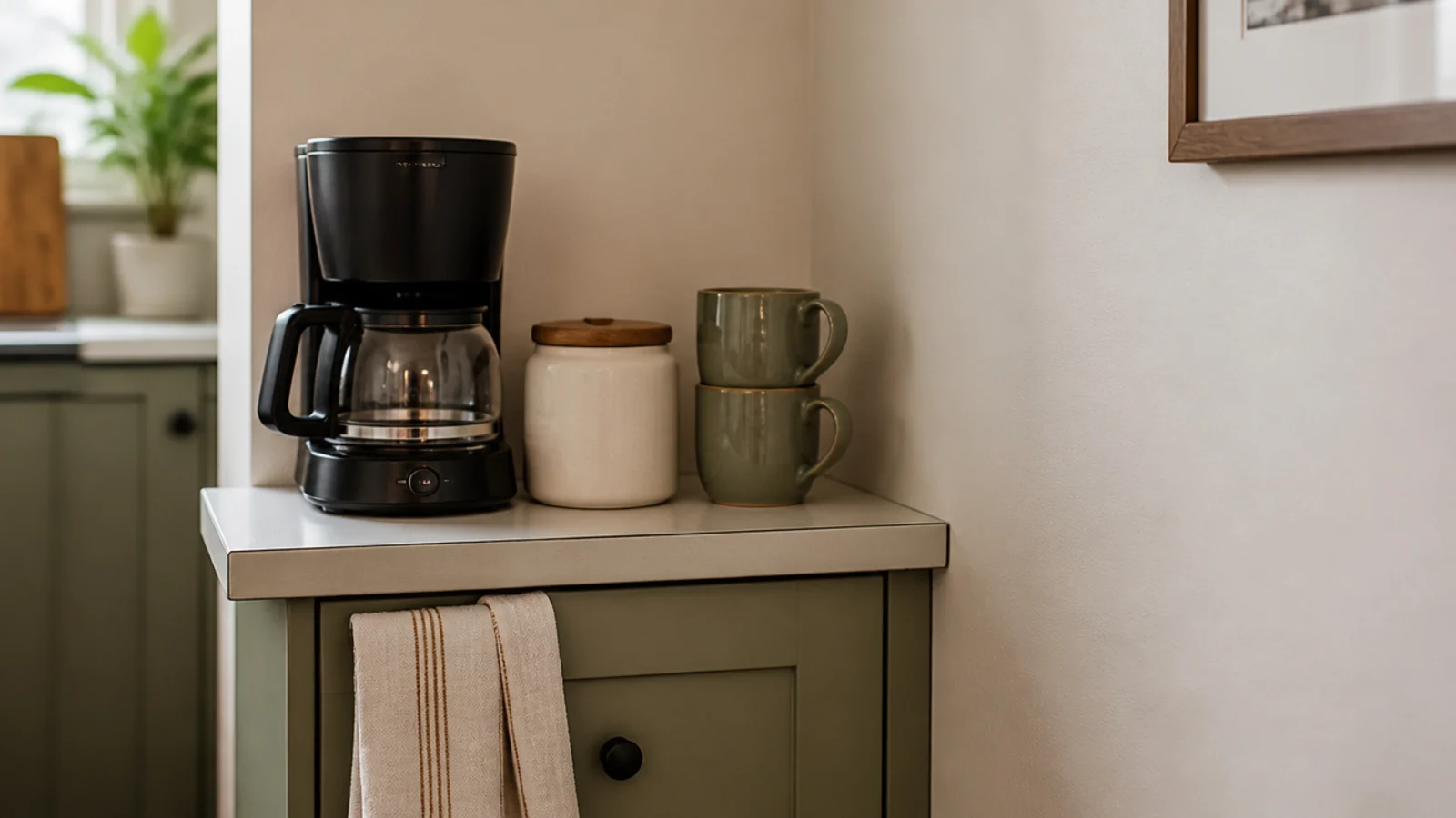 end of a kitchen counter run converted into a compact coffee bar