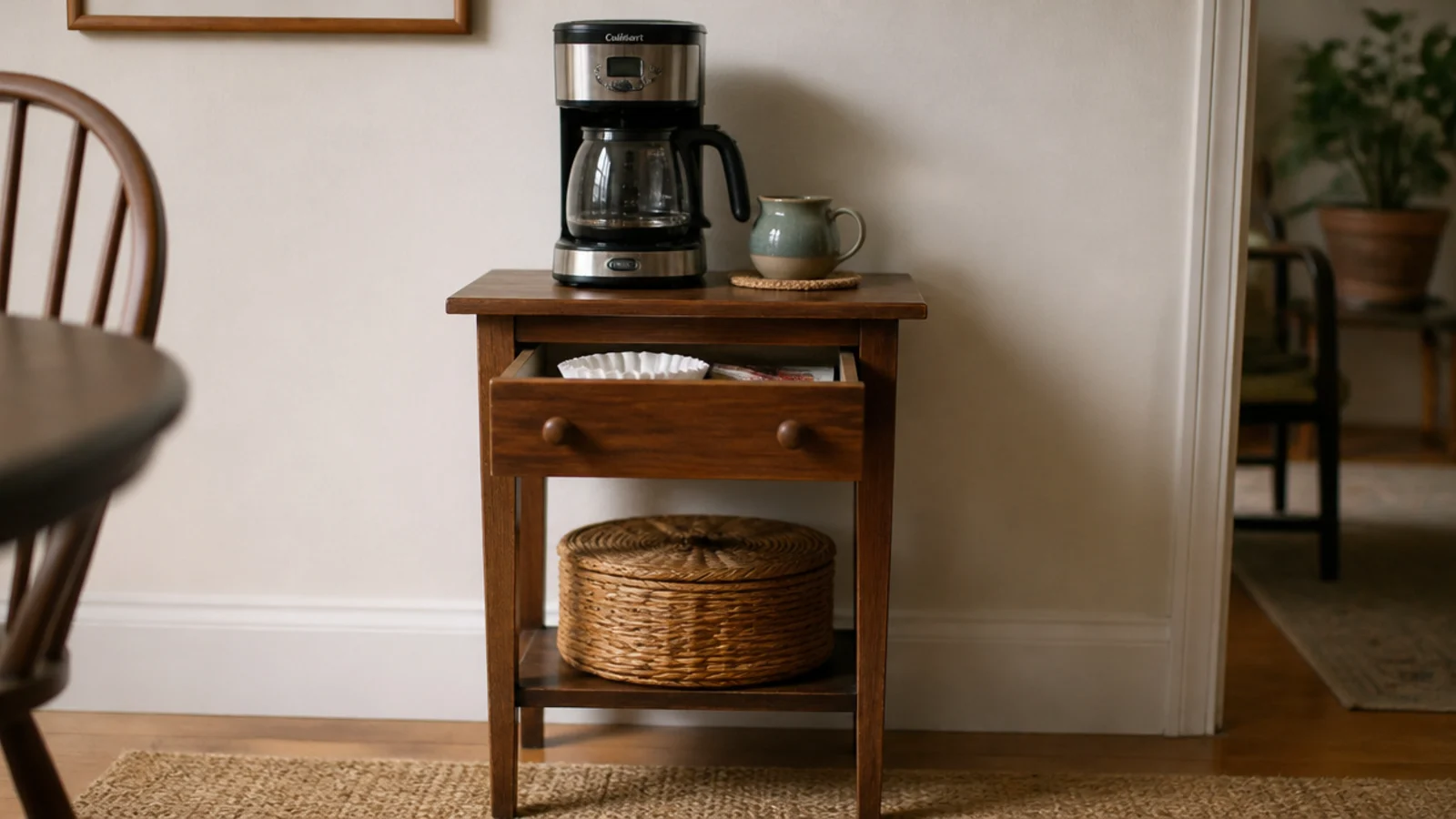 thrifted wooden nightstand used as a small home coffee bar cabinet