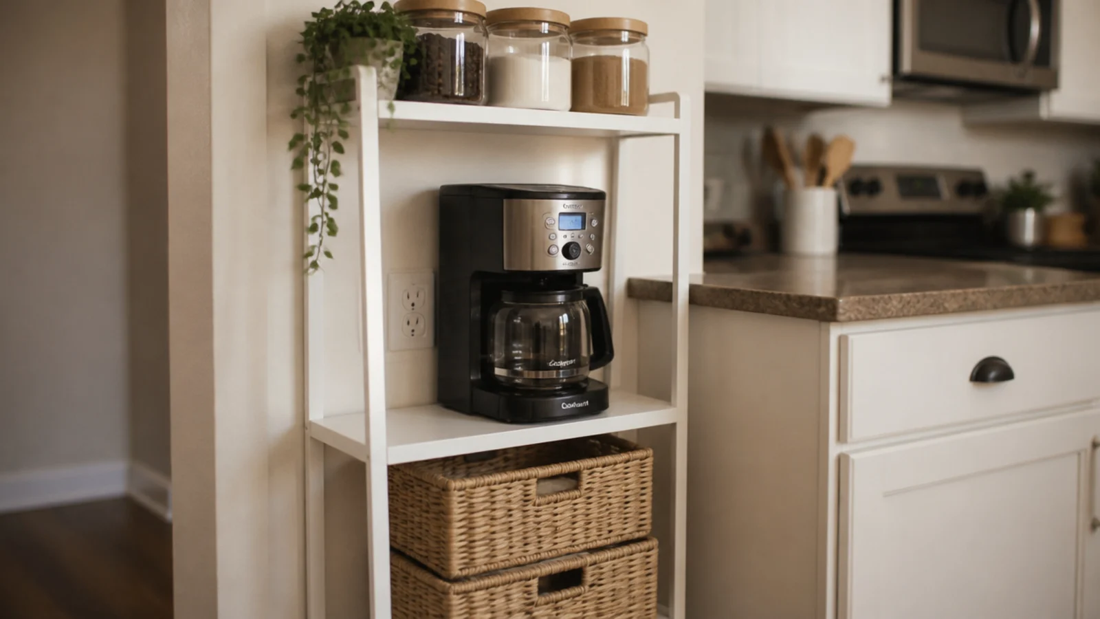 slim bookcase converted into a coffee bar with machine and mugs