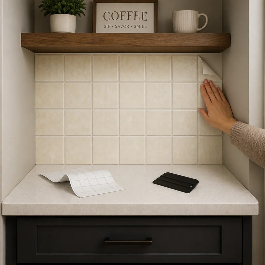 peel and stick tile behind a budget home coffee bar on a wall