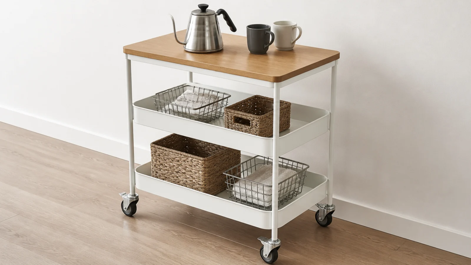 basic metal rolling cart topped with a wooden board as a coffee bar