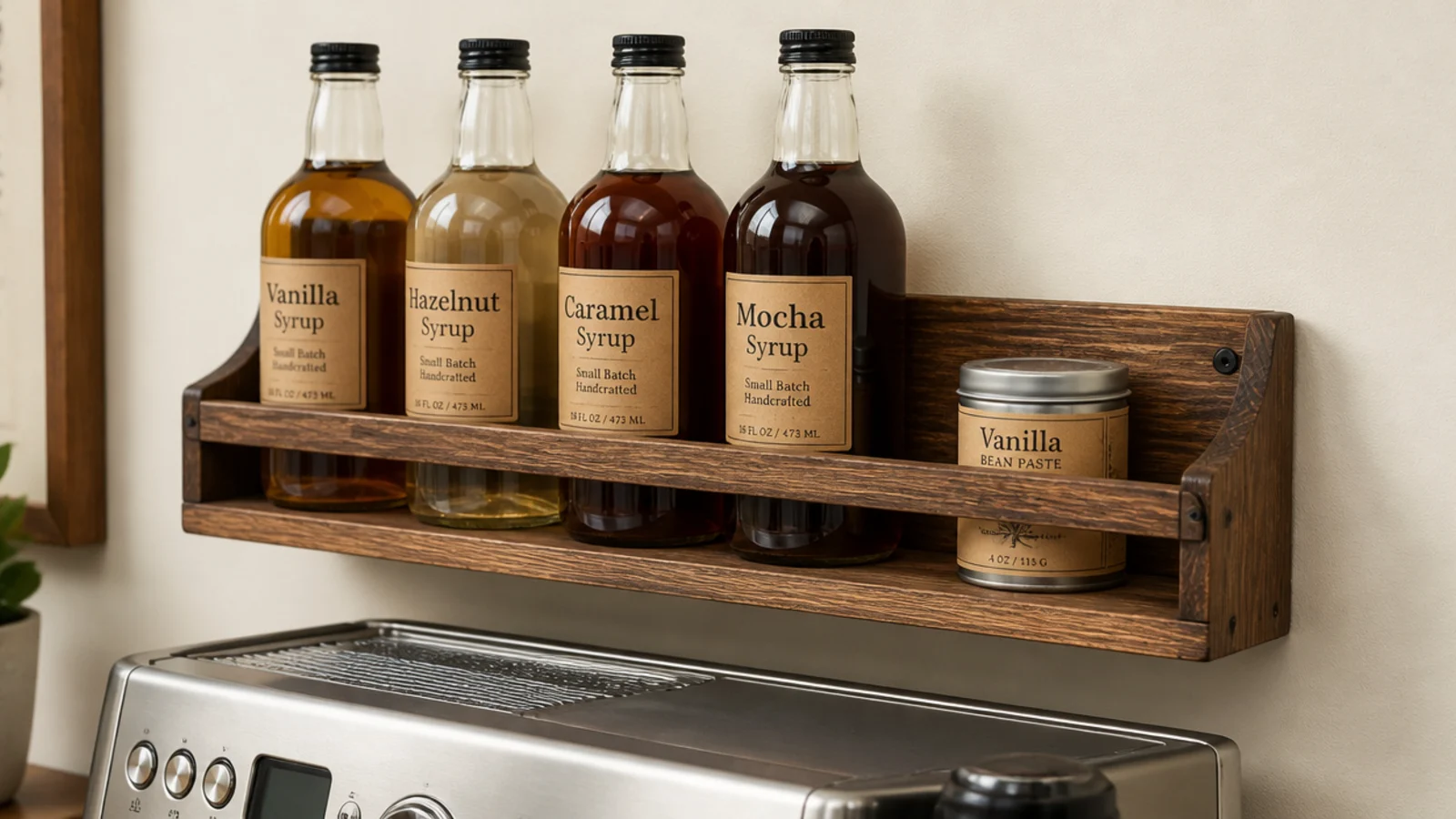small wall spice rack repurposed to hold syrups above a coffee bar