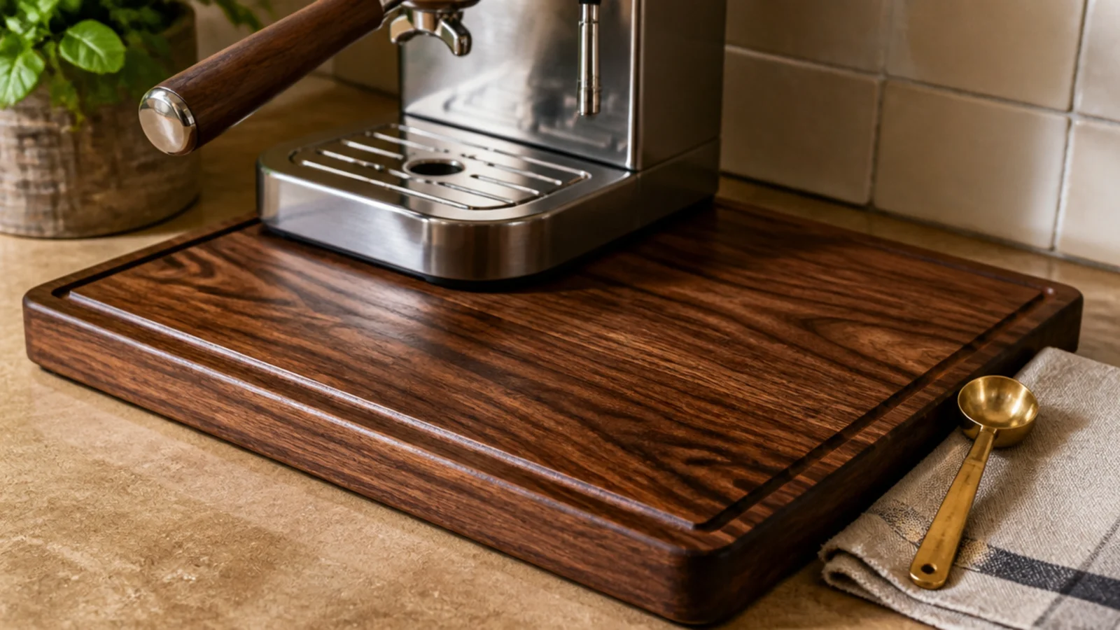 wooden cutting board used as a drip tray under a coffee machine