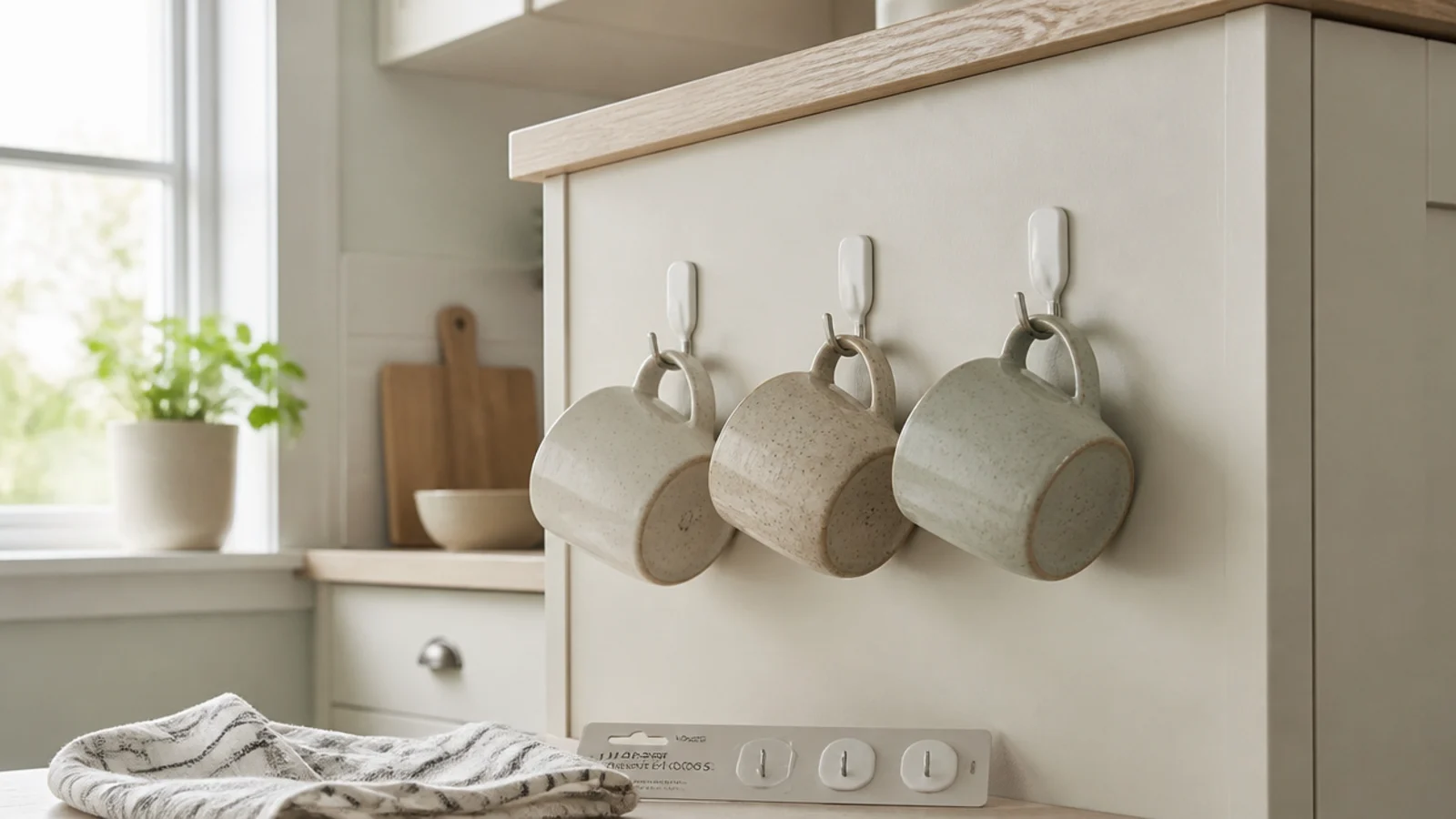 adhesive hooks holding lightweight mugs beside a rental coffee corner