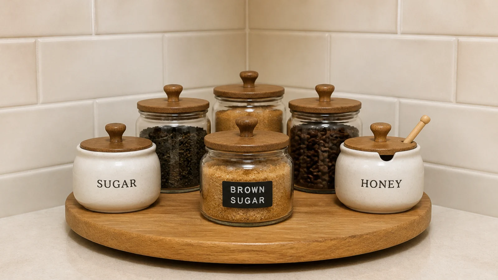 wooden lazy susan holding jars and syrups in a coffee bar corner