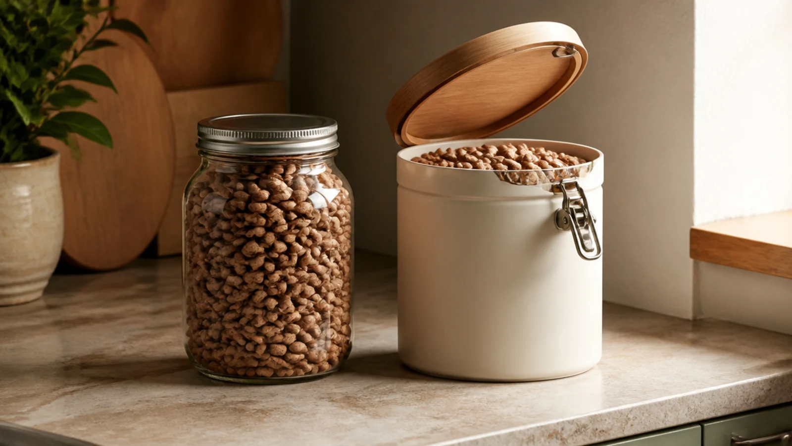opaque coffee tin replacing a clear jar on a small home coffee bar
