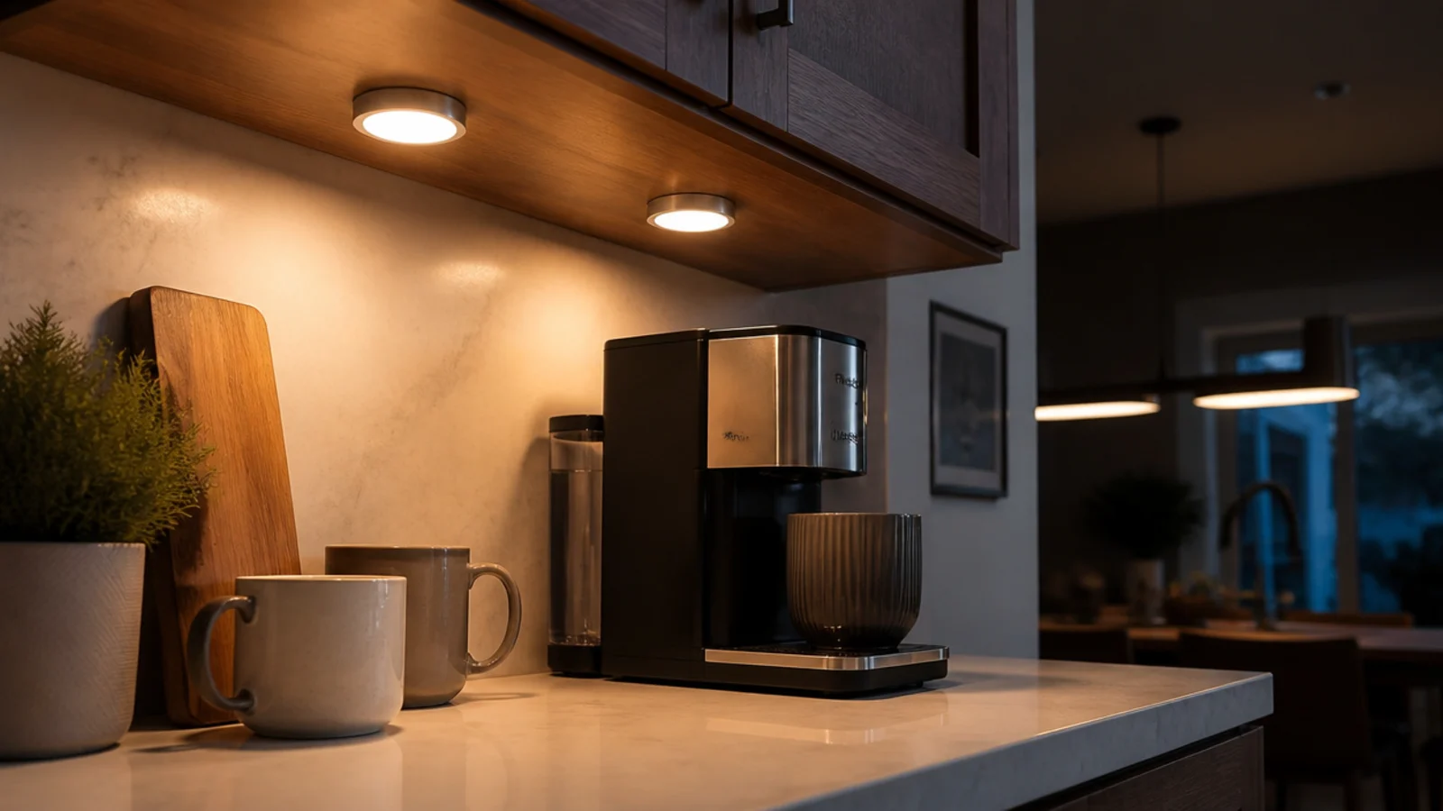 battery puck light glowing under a cabinet above a small coffee bar