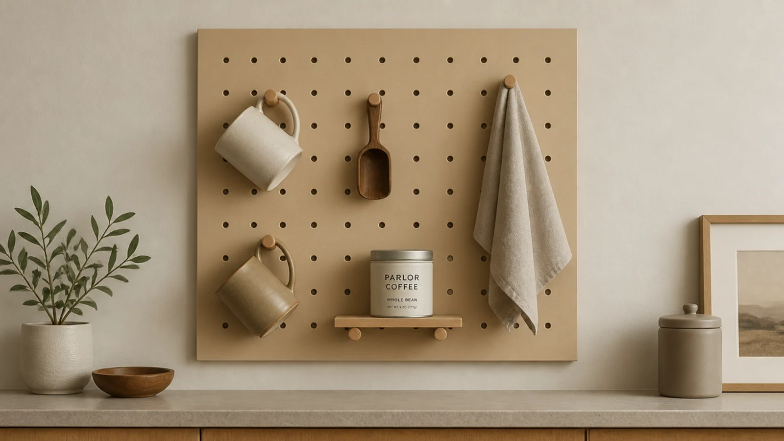 small pegboard above a coffee bar holding scoops cloths and mugs