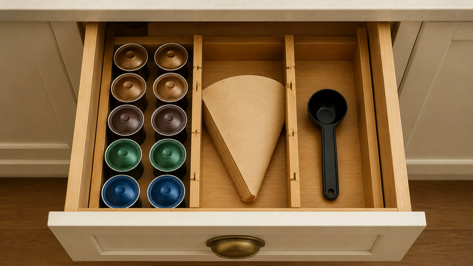 kitchen drawer with a divider holding coffee pods and filters neatly