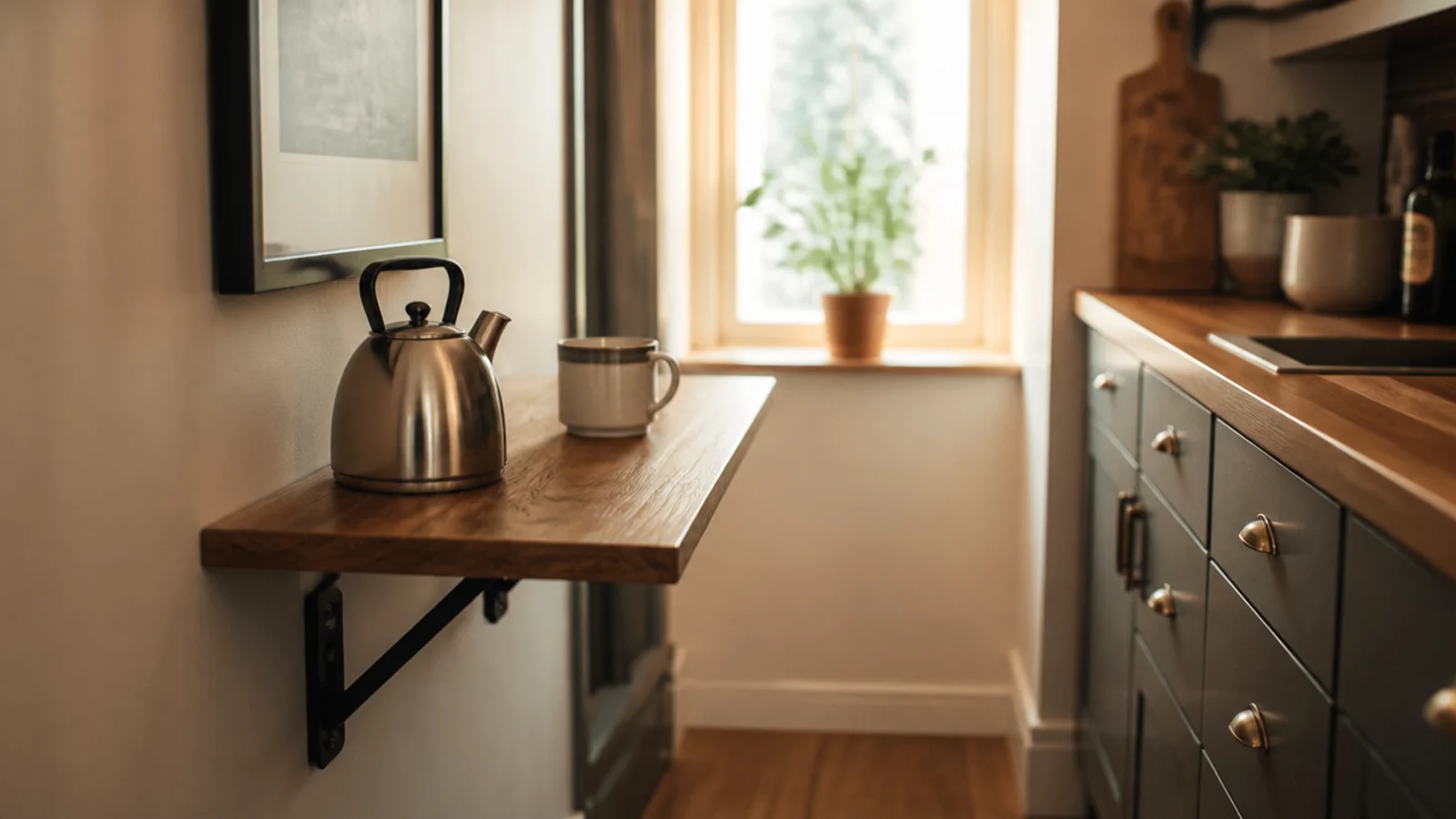 fold down wall shelf holding a kettle in a narrow galley kitchen