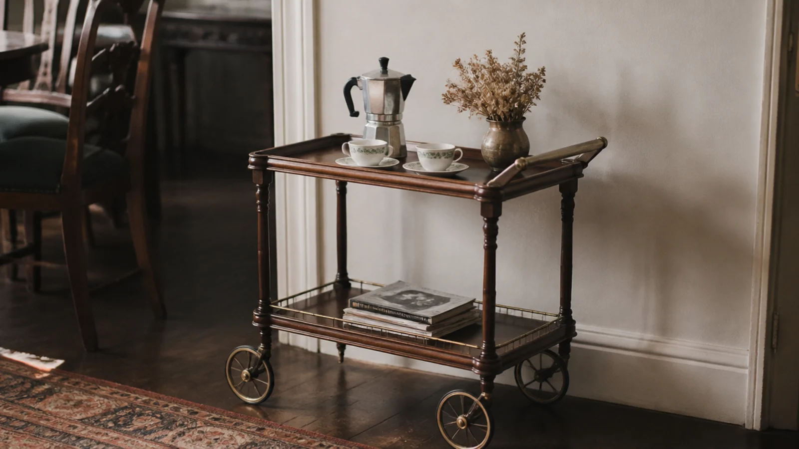 vintage tea trolley restyled as a small budget home coffee bar