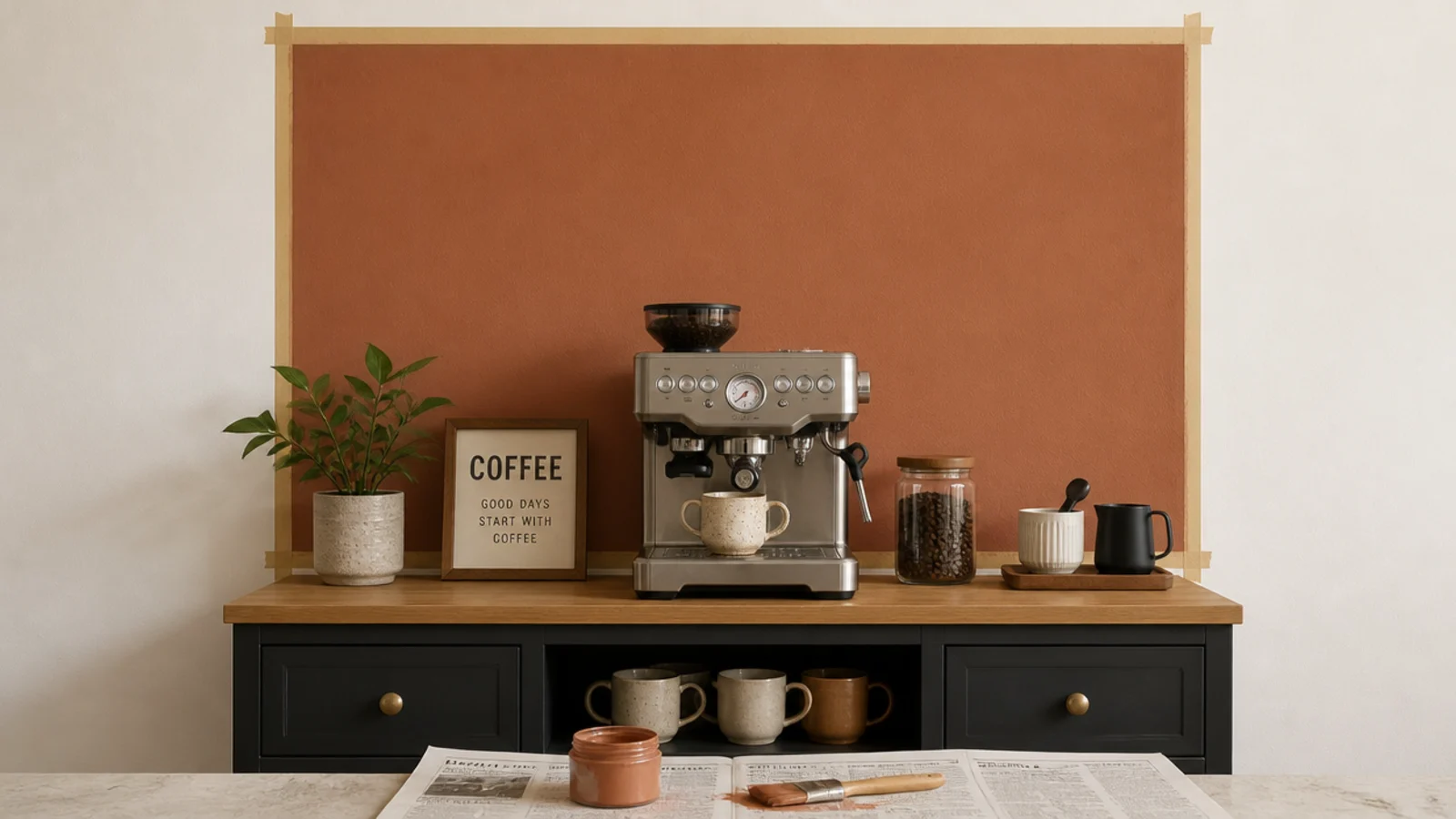 warm painted wall panel behind a small home coffee bar station