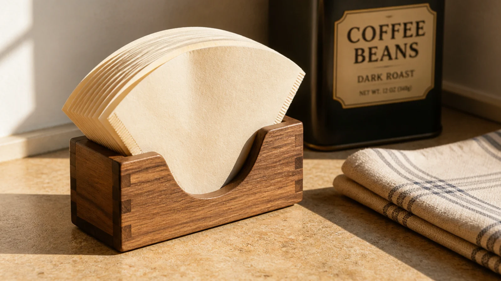 wooden napkin holder repurposed to store coffee filters upright