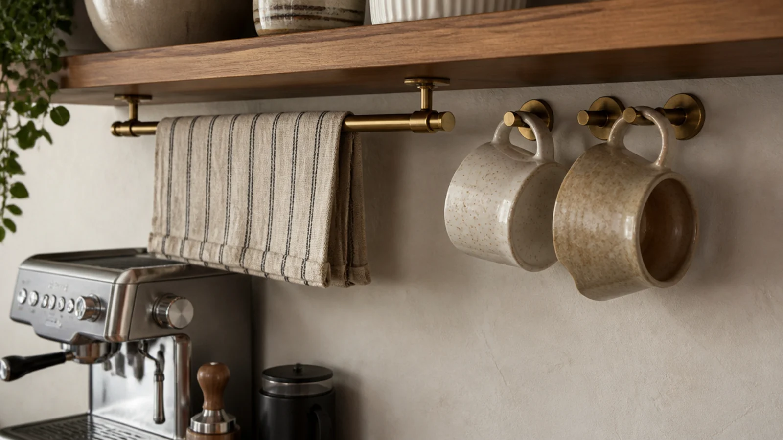 small towel bar under a shelf holding a linen cloth at a coffee bar