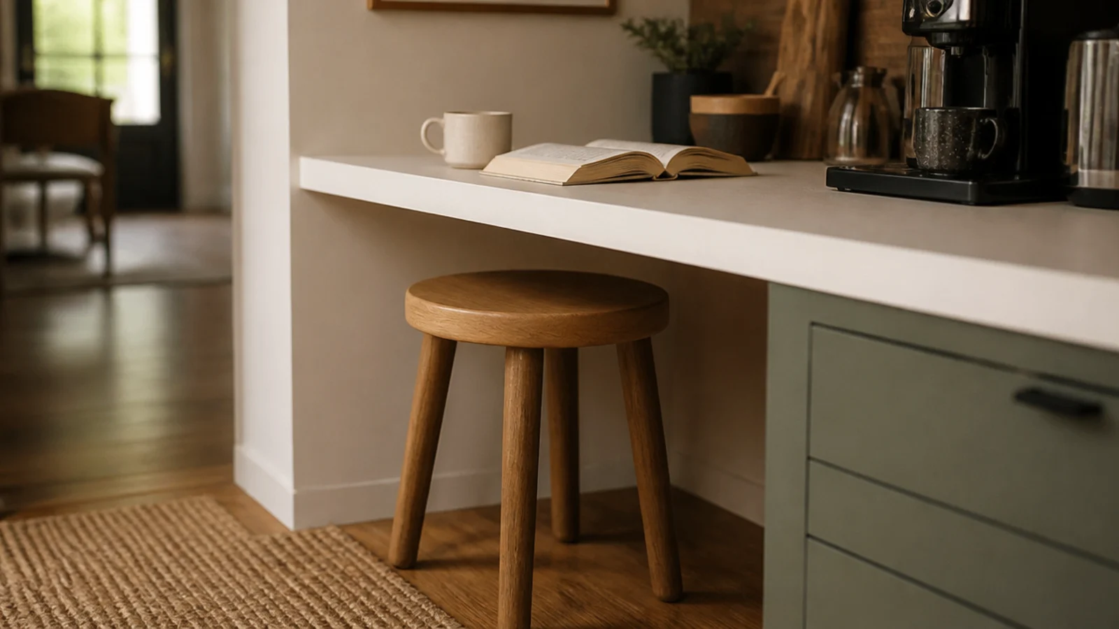 wooden stool tucked under a counter beside a small coffee corner