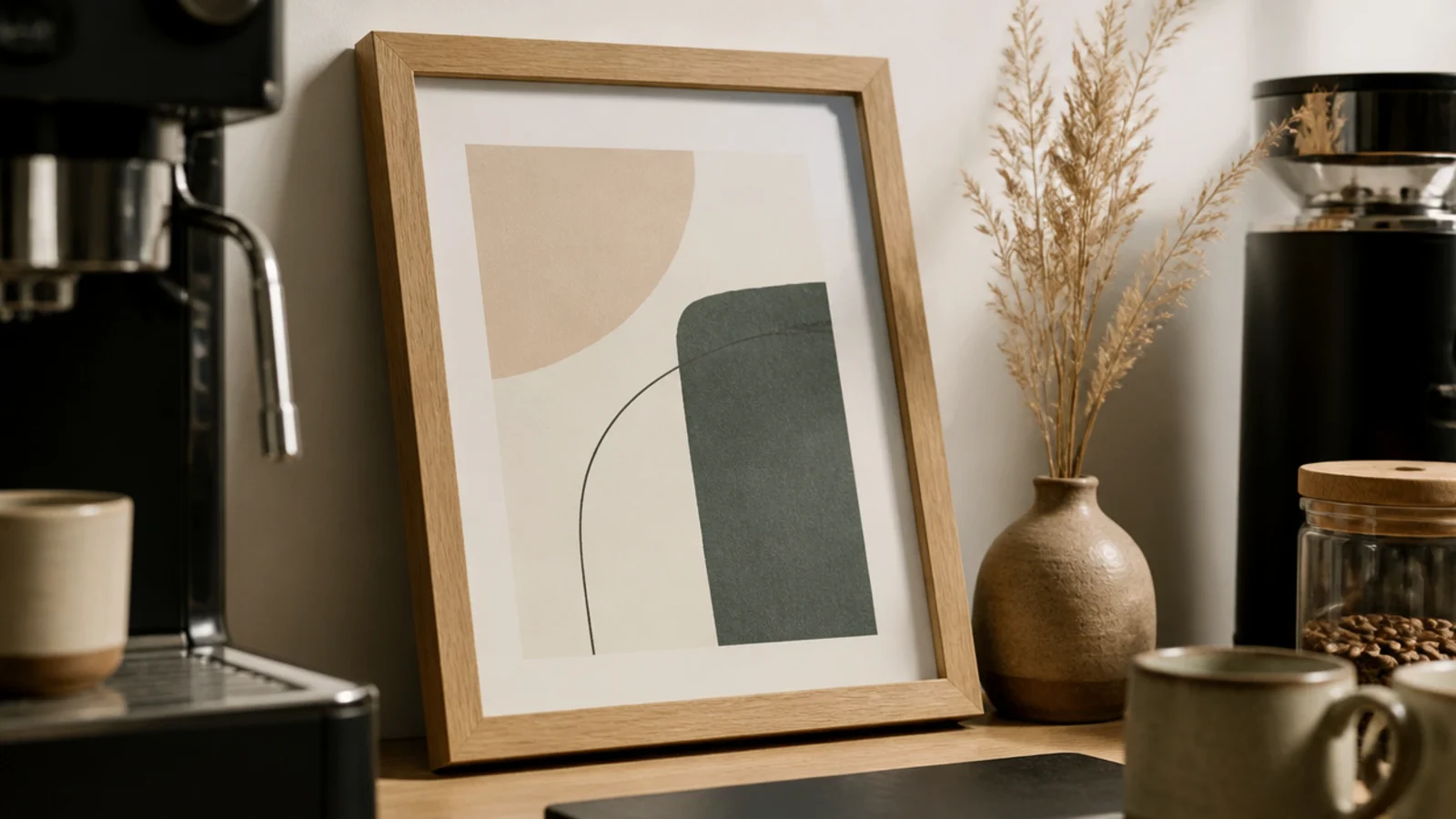 small framed print leaning behind a budget coffee bar on a counter