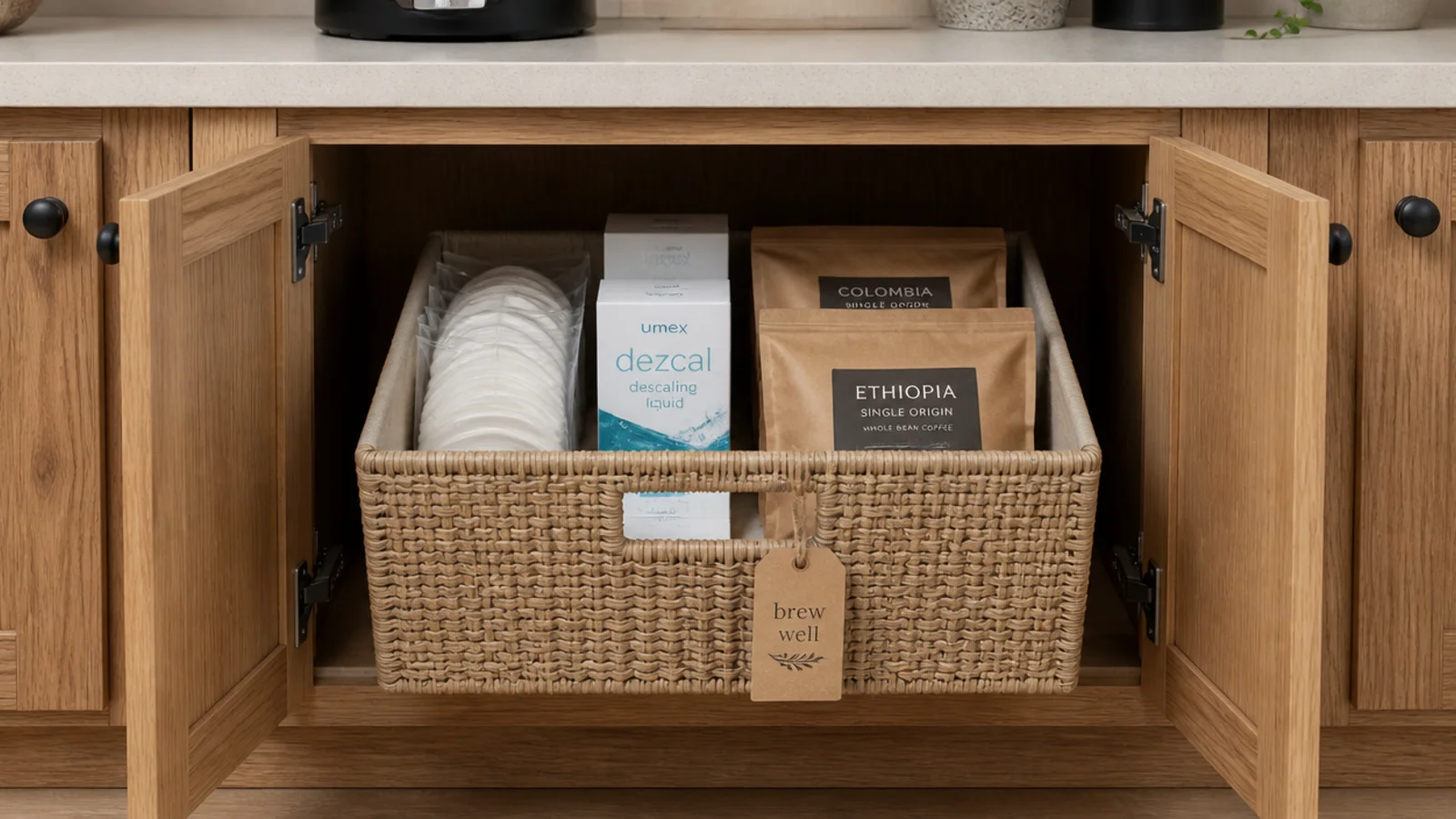 labelled storage bin of coffee supplies inside a cabinet below the bar