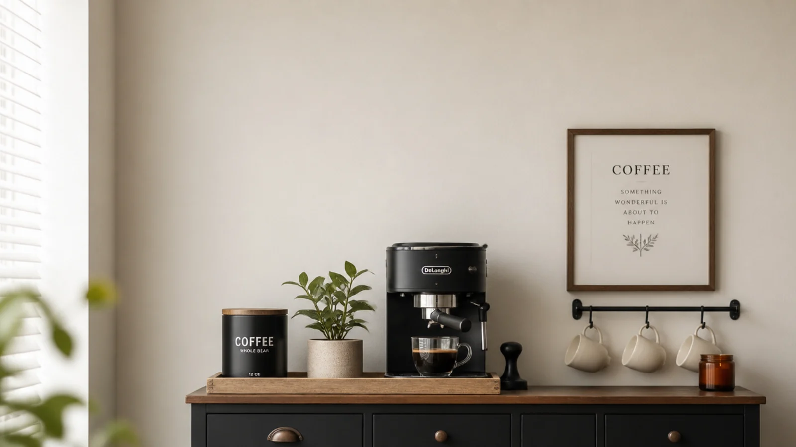 vertical collage of budget coffee bar ideas for a small home kitchen
