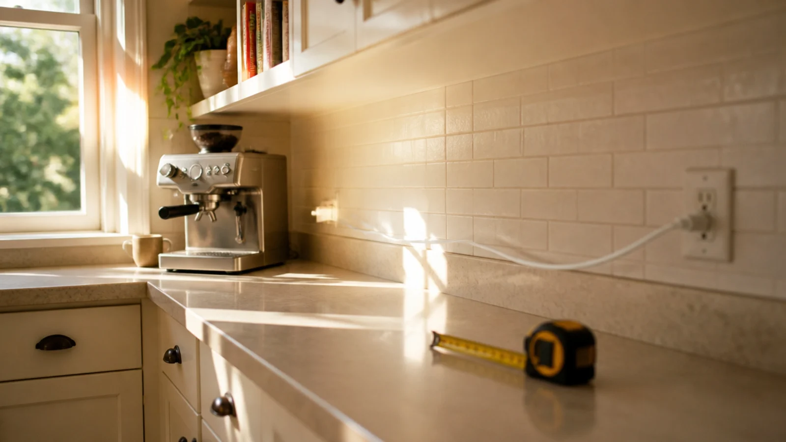 coffee machine cord stretching across a counter toward a distant outlet