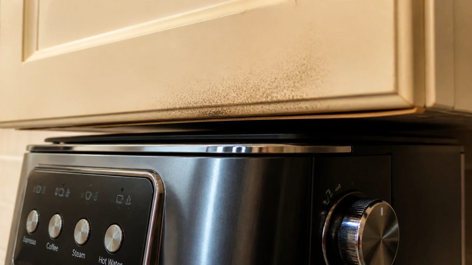 coffee machine wedged under a cabinet with almost no steam clearance