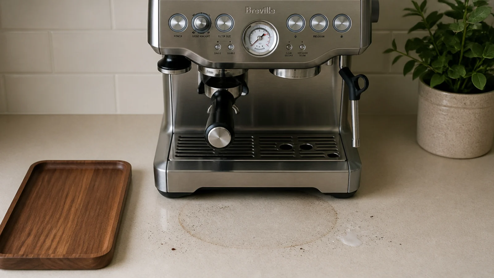 stained counter behind a coffee machine with no tray underneath it