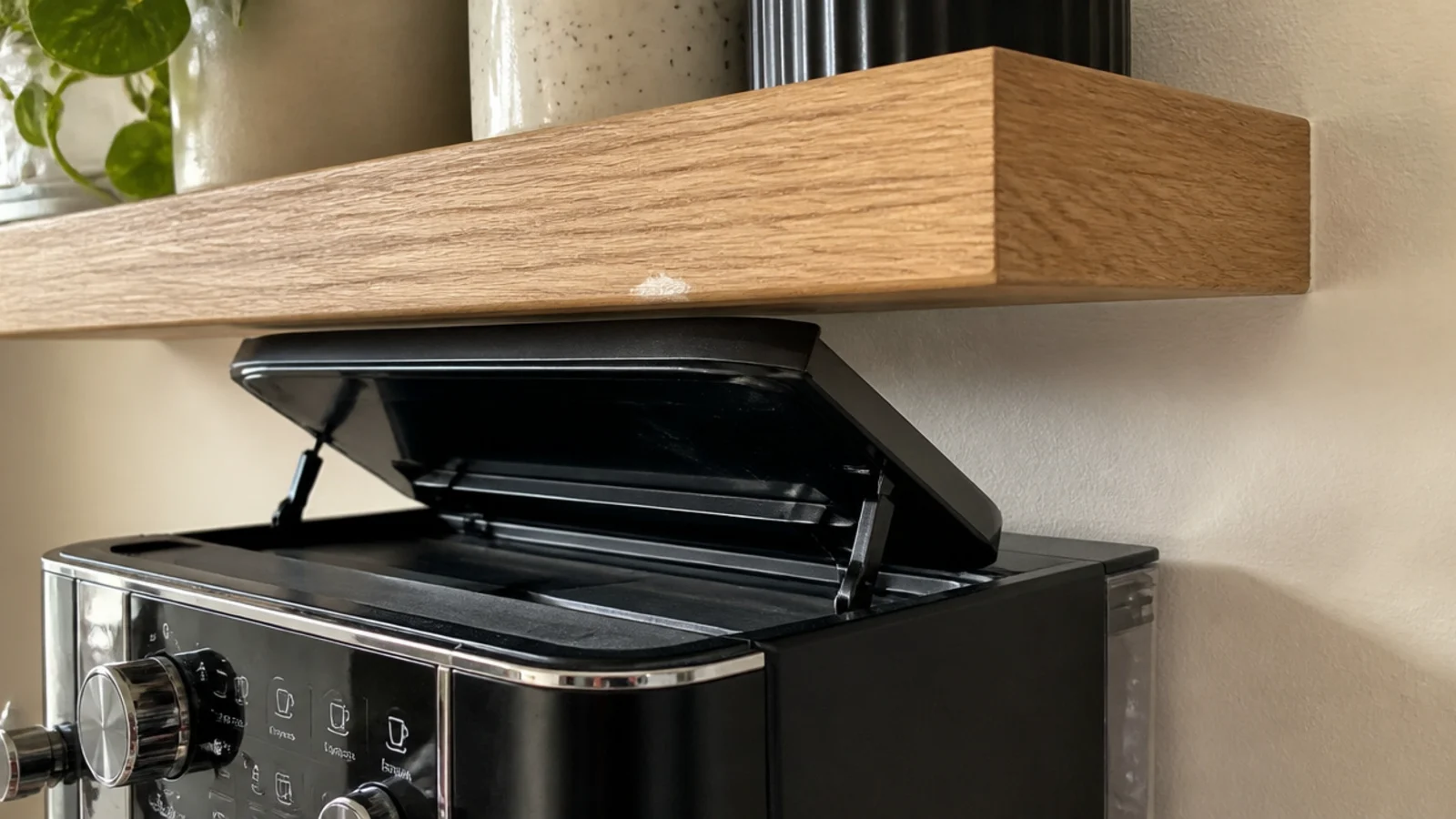 shelf mounted too low above a coffee machine blocking the lid