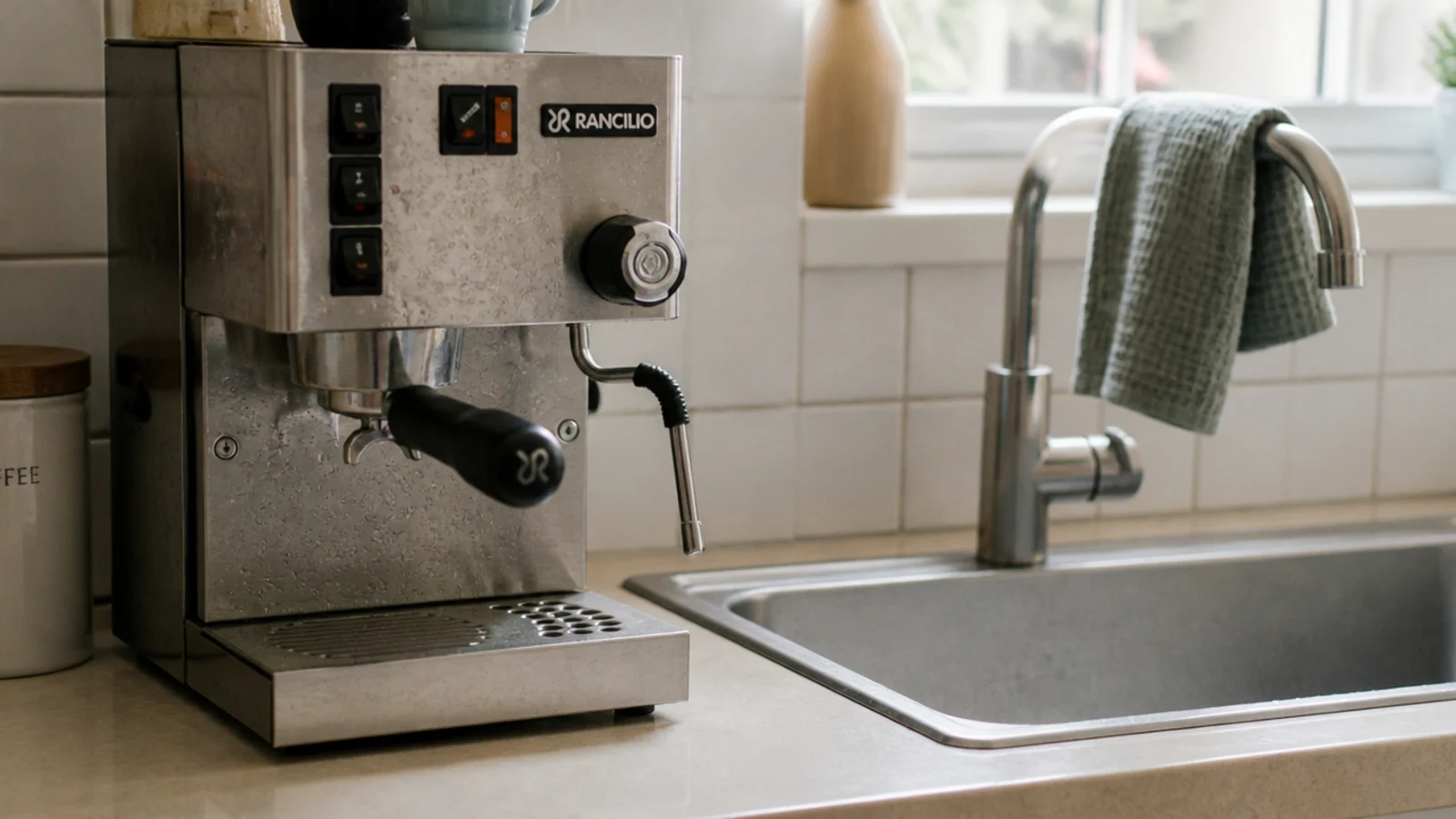 coffee machine placed directly next to a kitchen sink and tap