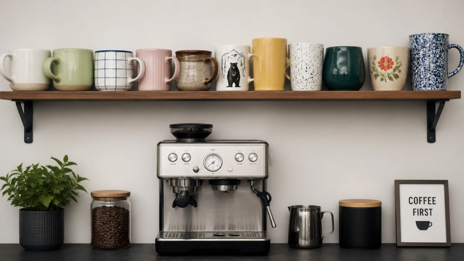 crowded shelf of mismatched mugs above a small coffee station
