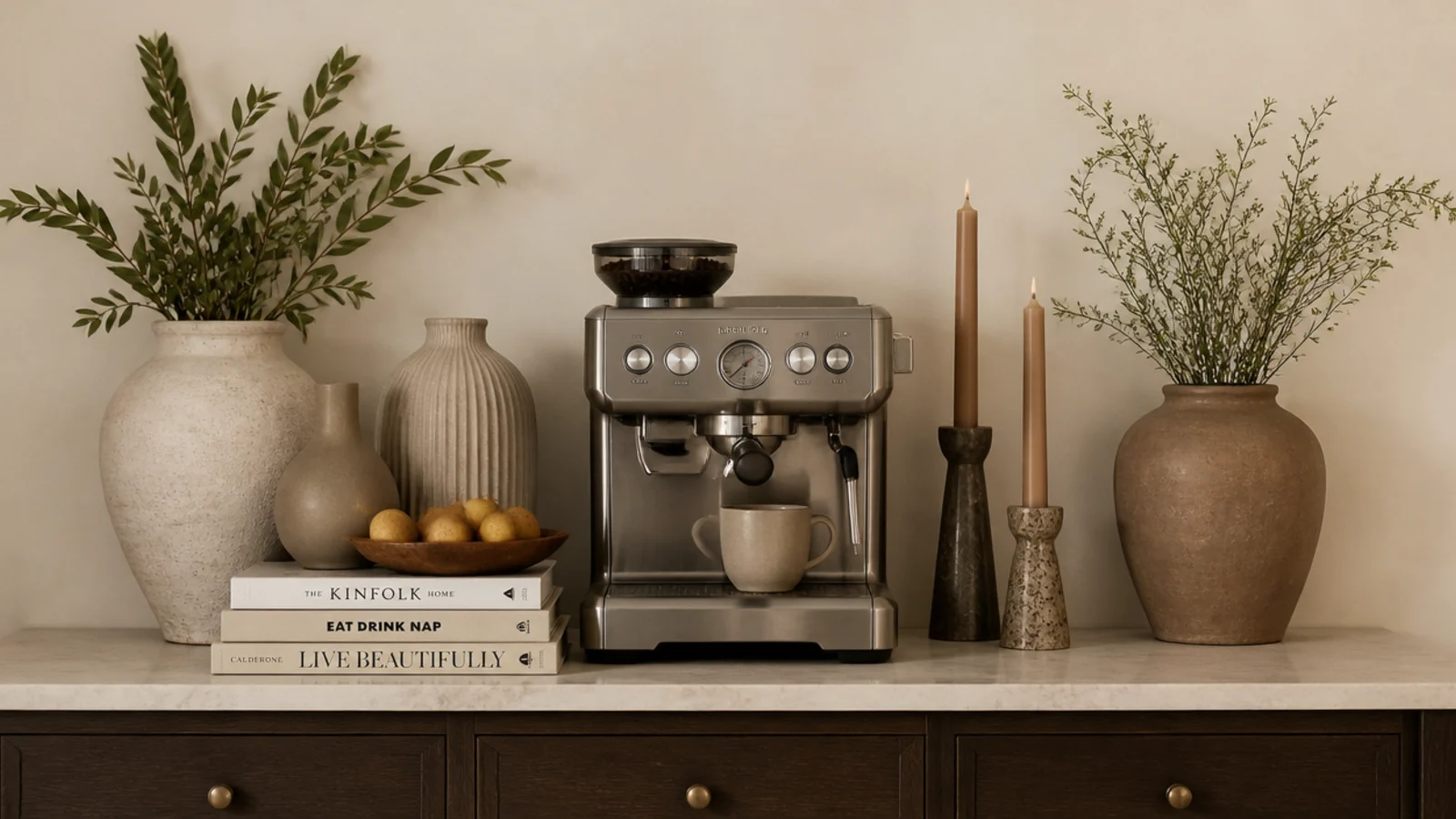 over styled coffee corner with props crowding the working surface