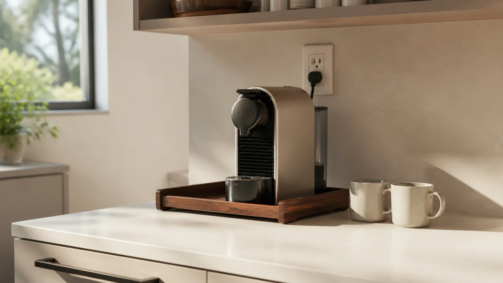 coffee station relocated to sit directly beside a working wall outlet