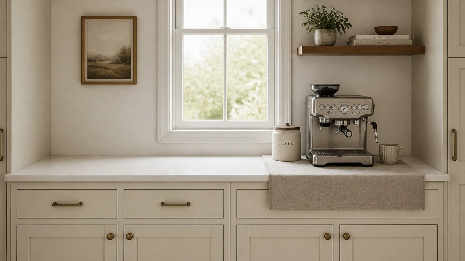 coffee zone marked out with a linen runner on a shared kitchen counter