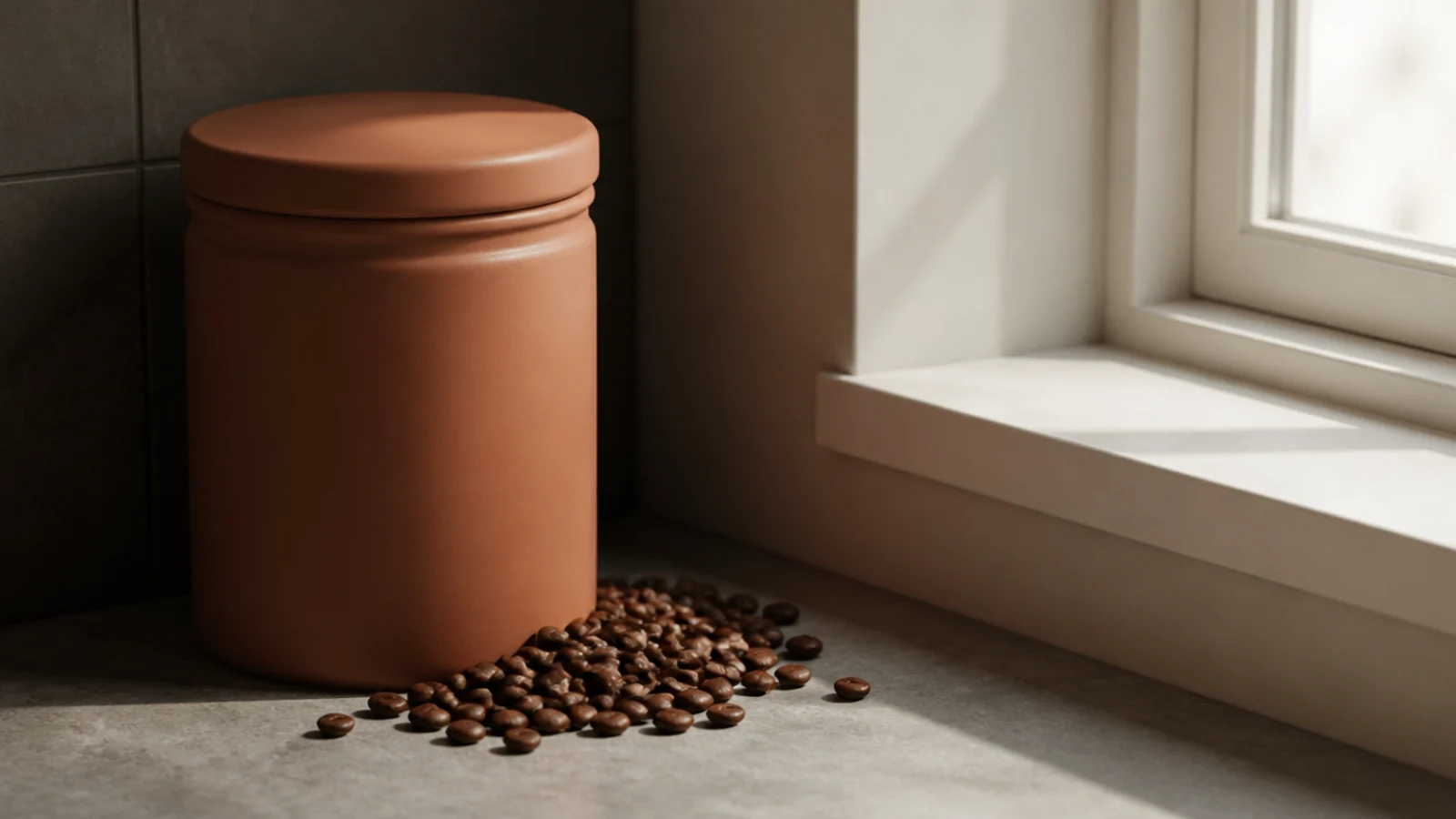 opaque clay canister replacing a glass bean jar away from the window