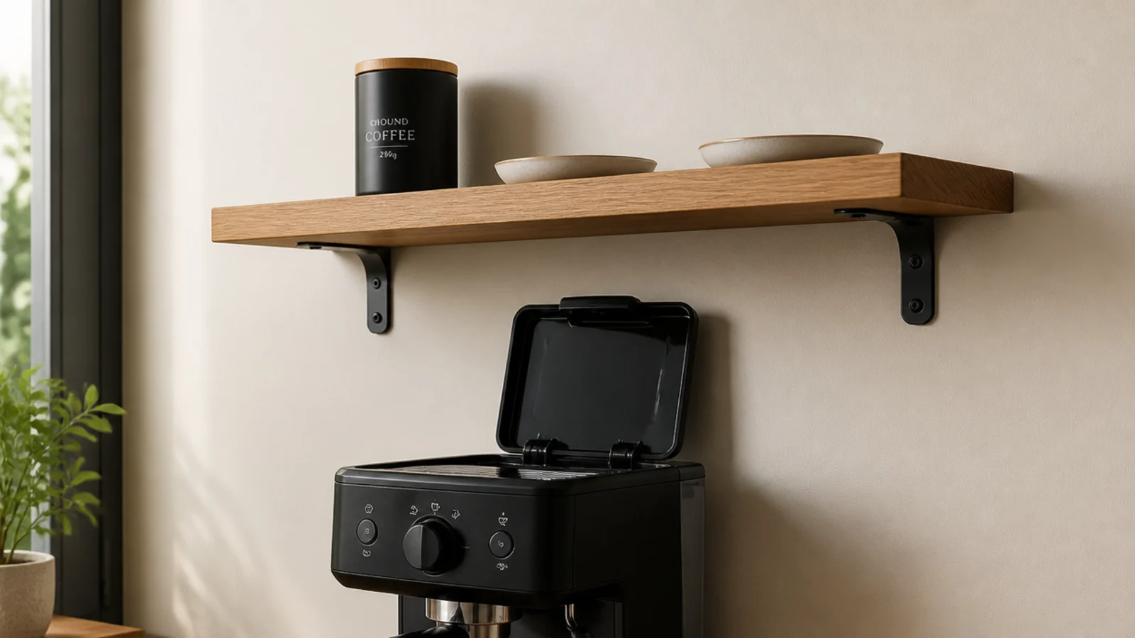 shelf remounted higher above a coffee machine so the lid opens fully