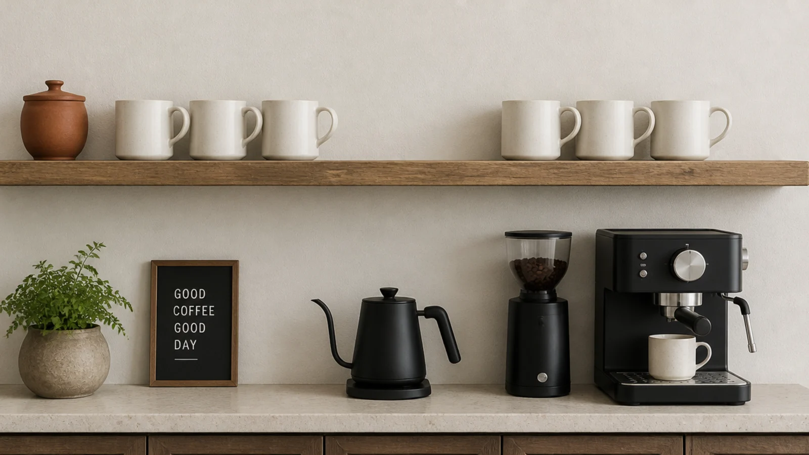 six matching stoneware mugs replacing a crowded shelf of mismatched ones