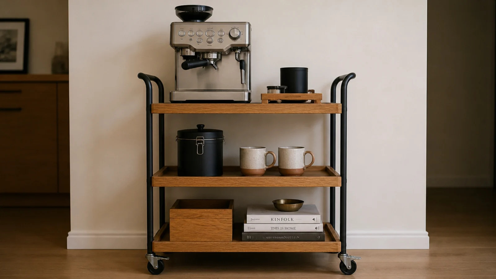 rolling coffee cart parked square against a wall with locked casters