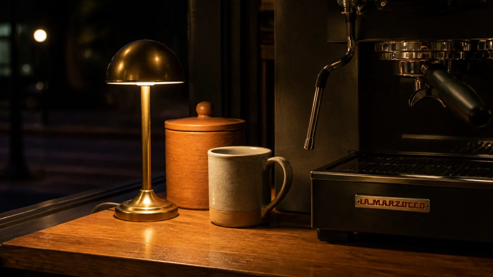 warm lamp lighting a formerly dark coffee corner at dawn