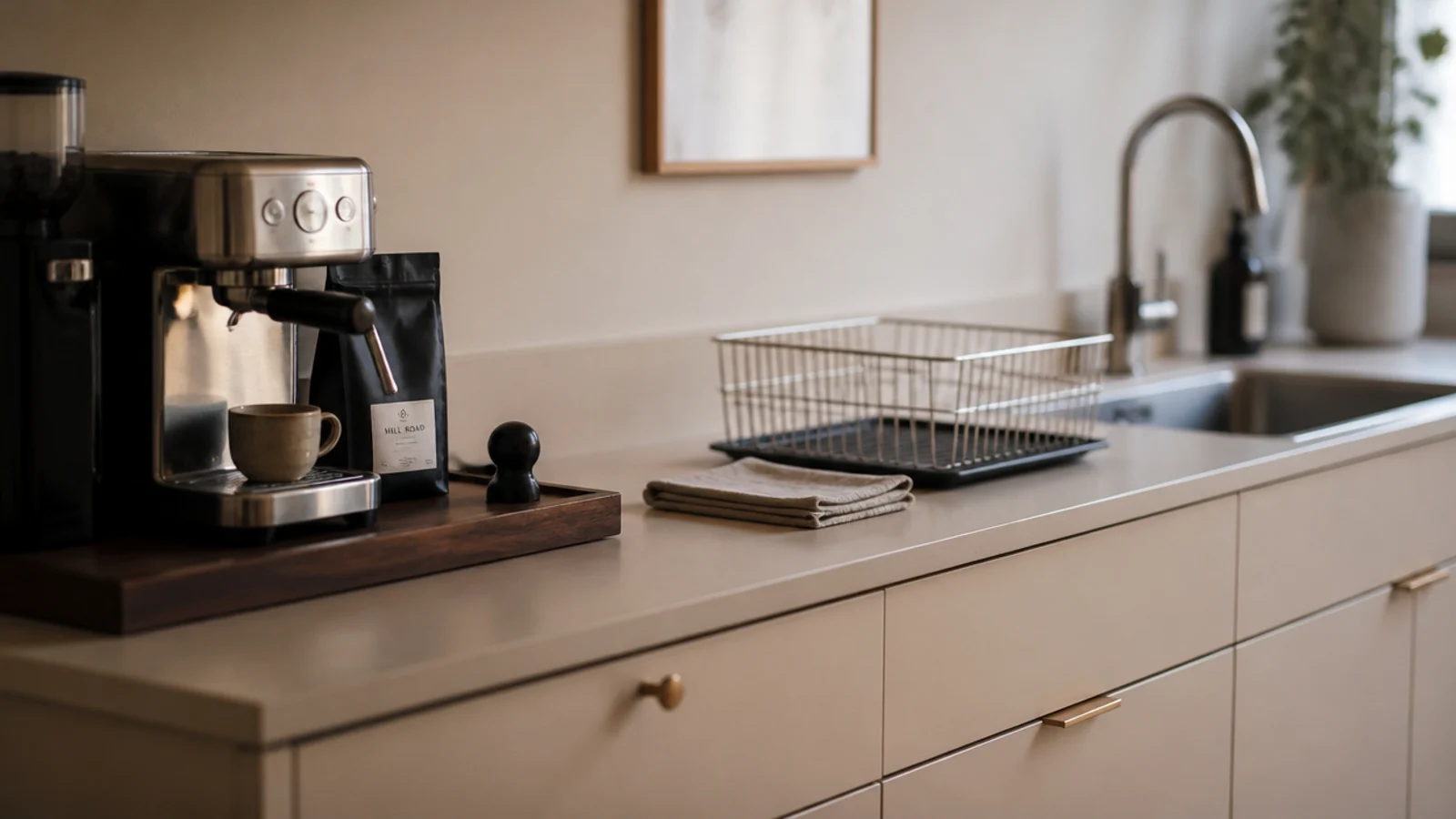 coffee machine relocated a clear distance from a kitchen sink and tap