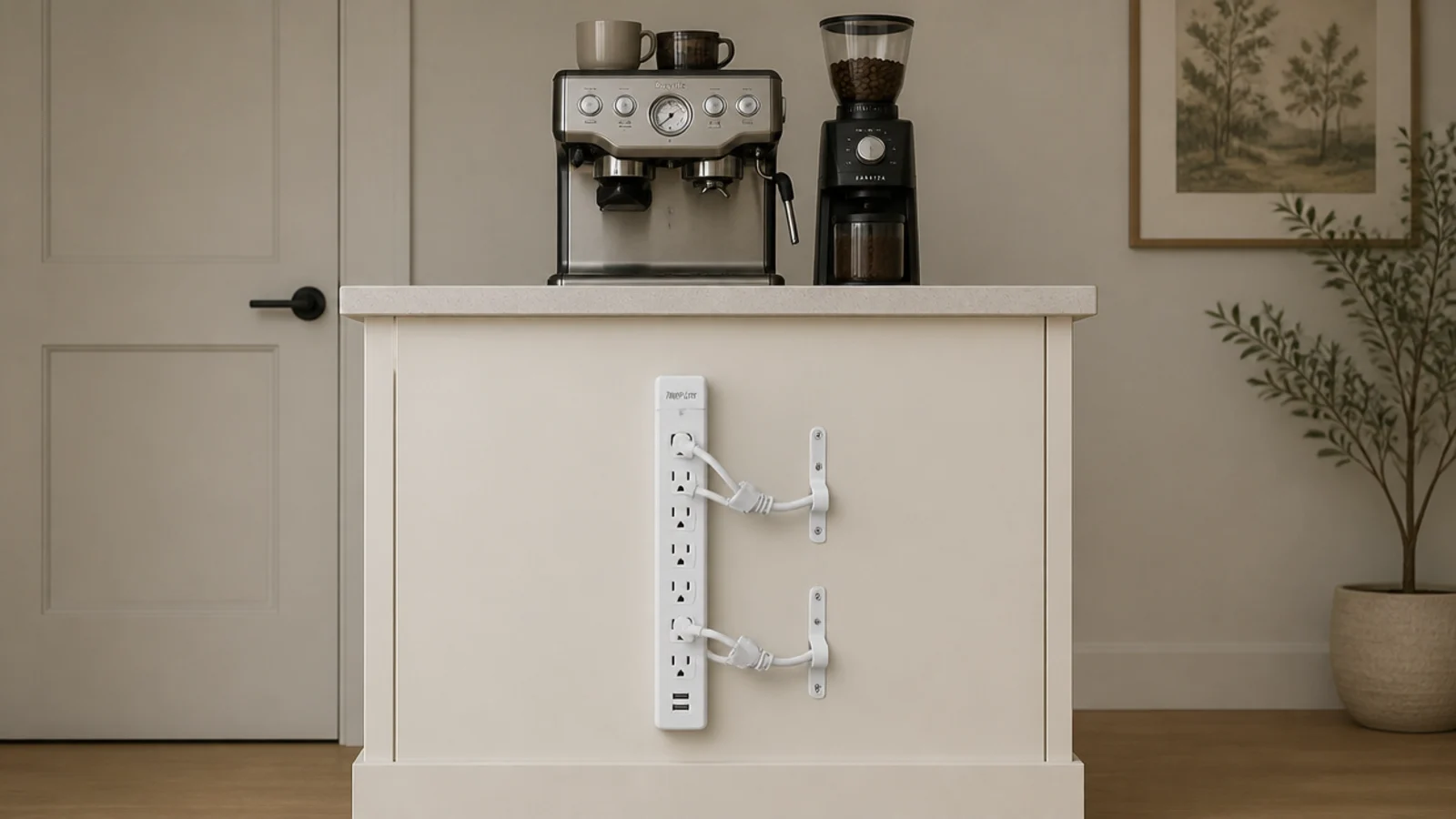 tidy plug strip on a cabinet side replacing tangled coffee bar cords