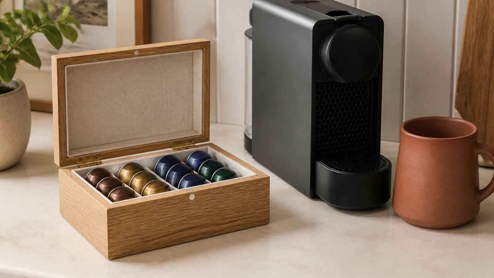 lidded oak box holding coffee pods where a plastic carousel stood