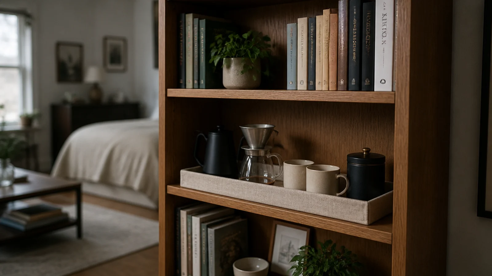 coffee tray set up on one bookshelf shelf in a small studio apartment