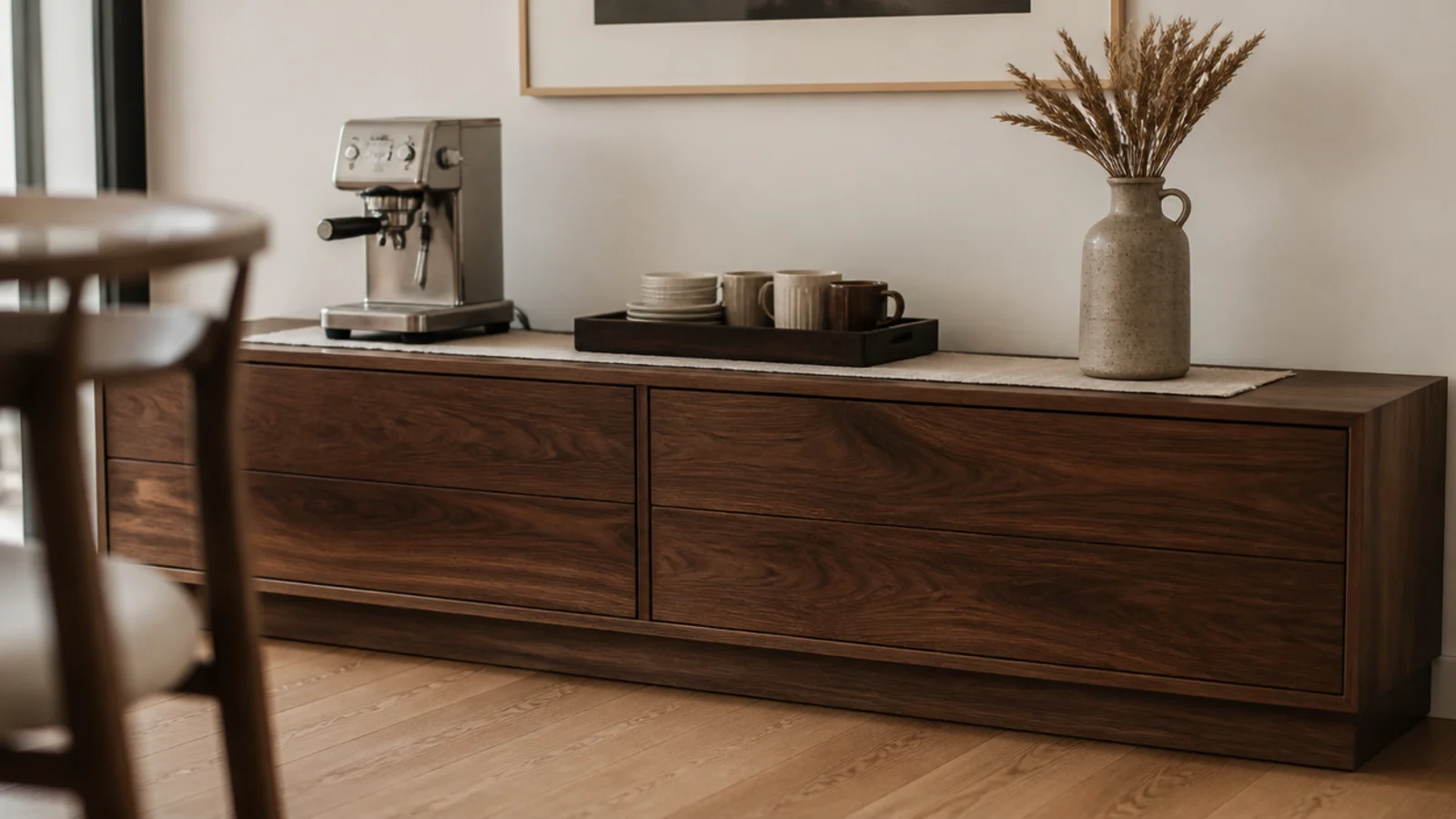 walnut sideboard turned into a weekend coffee station with a runner
