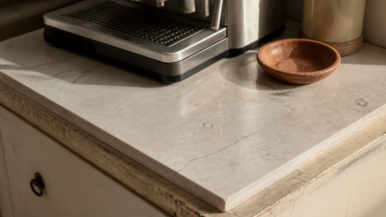 stone offcut board covering worn laminate under a coffee machine