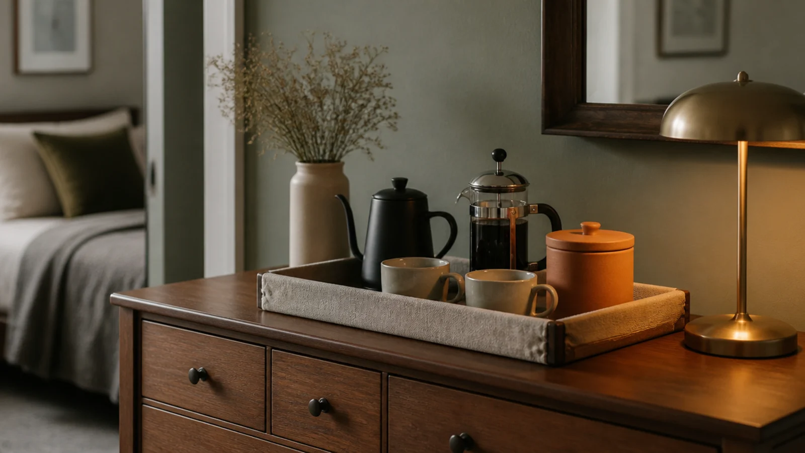 small bedroom coffee tray on a dresser with kettle press and mugs