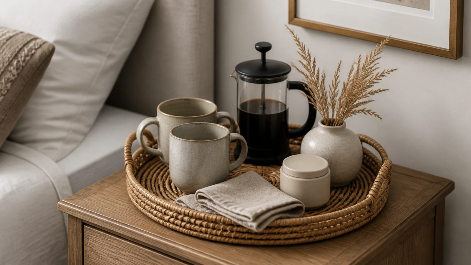 guest room coffee tray with mugs press and a small canister of beans
