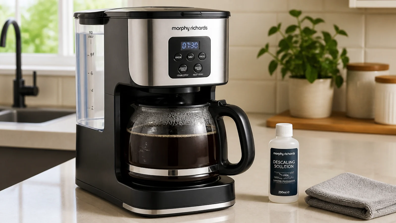 descaled coffee machine with a clean reservoir and fresh full carafe