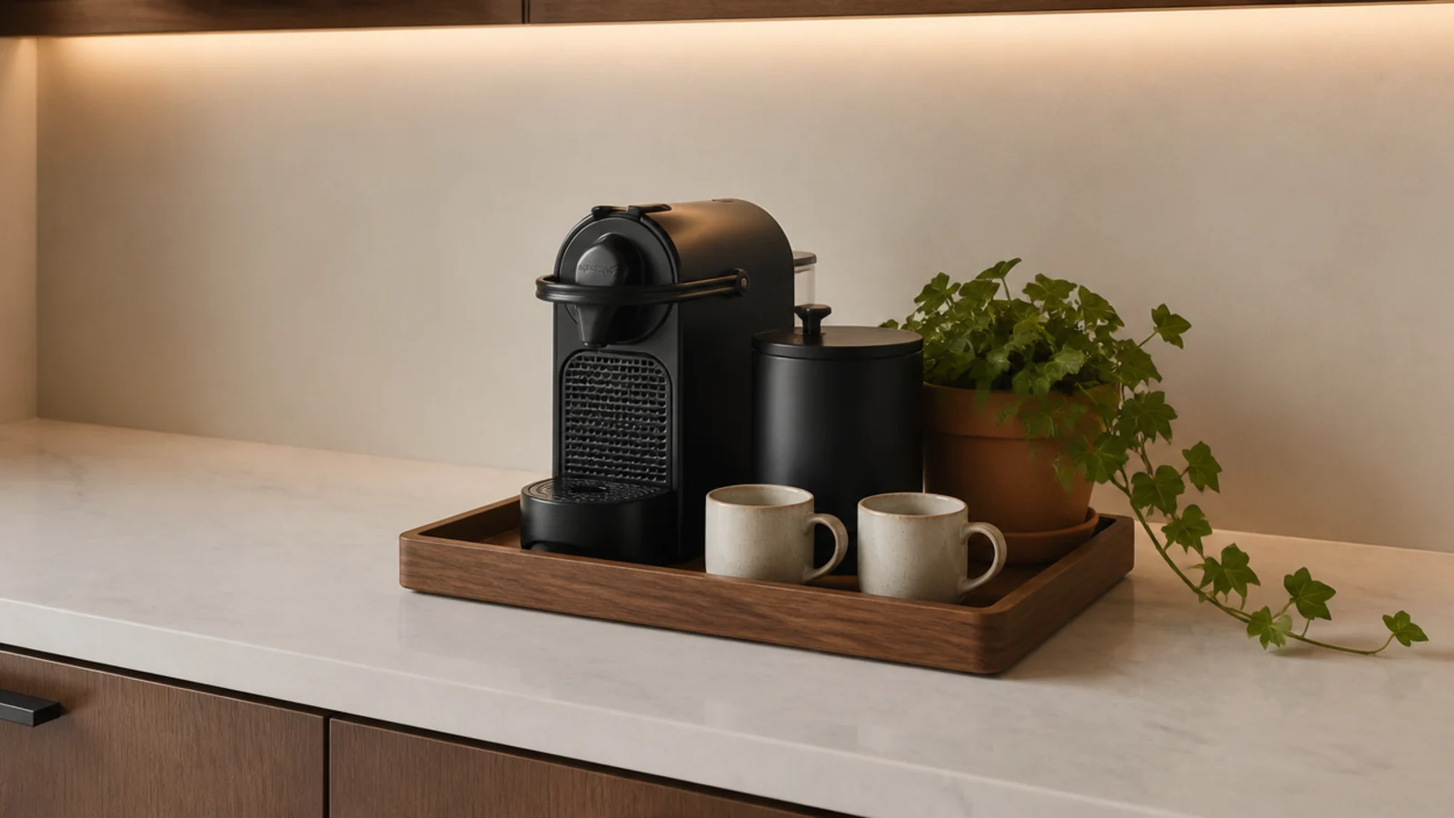 simple coffee corner with only a tray canister mugs and one plant