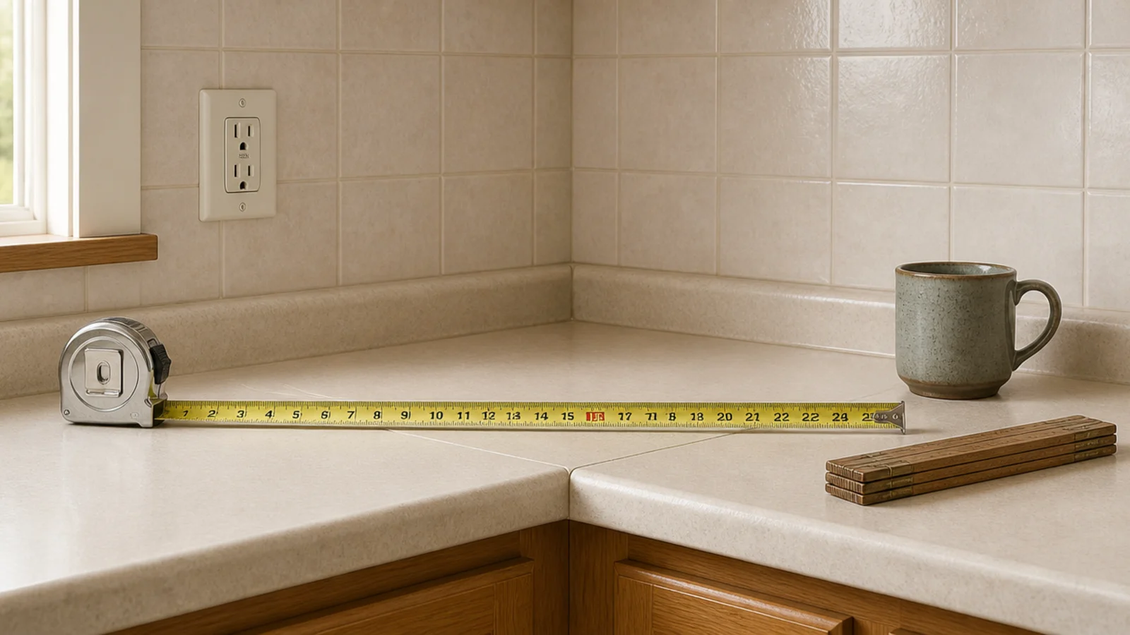 tape measure across an empty kitchen counter corner marking coffee station width
