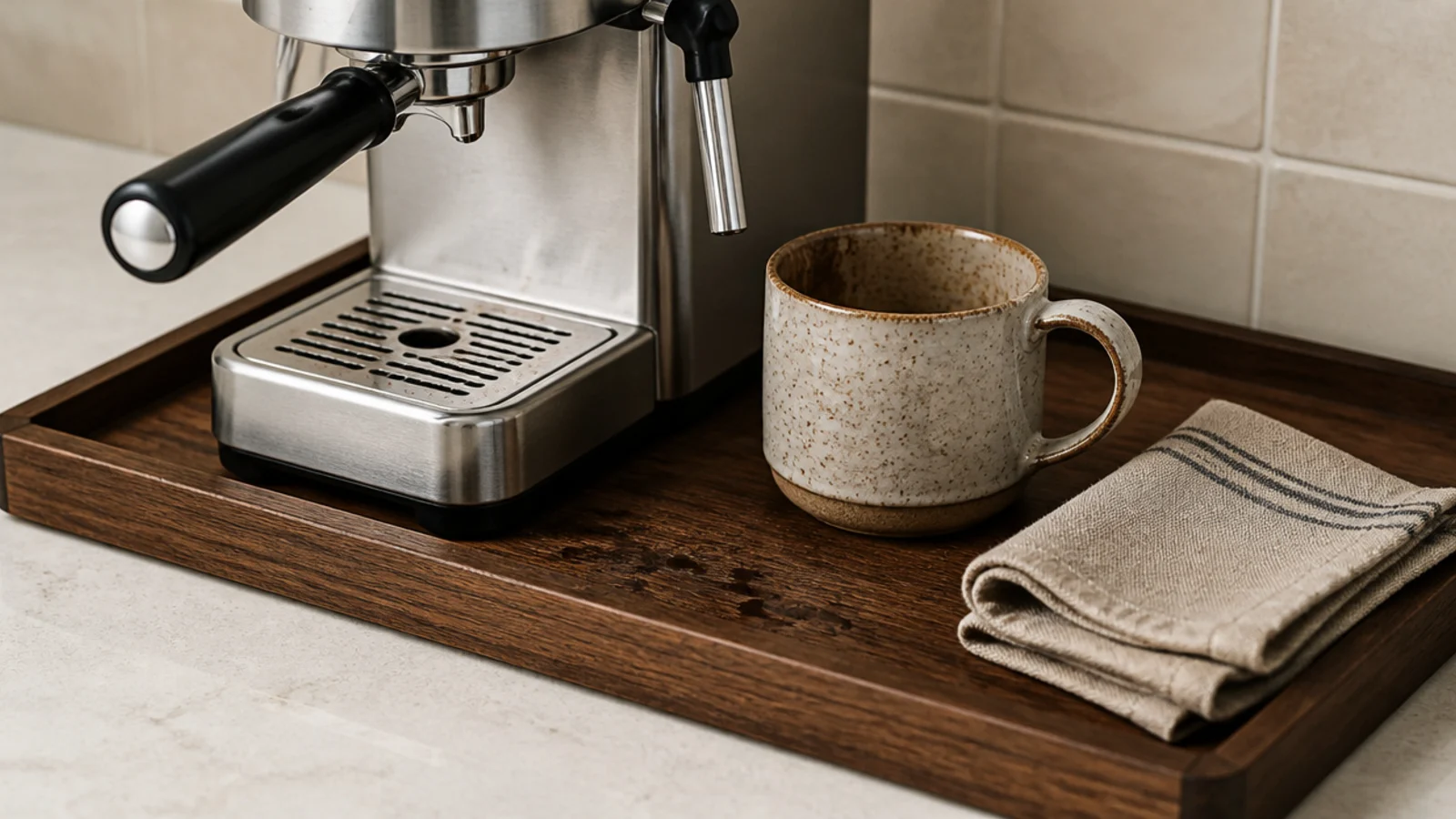 walnut tray under a coffee machine catching drips on a rental counter