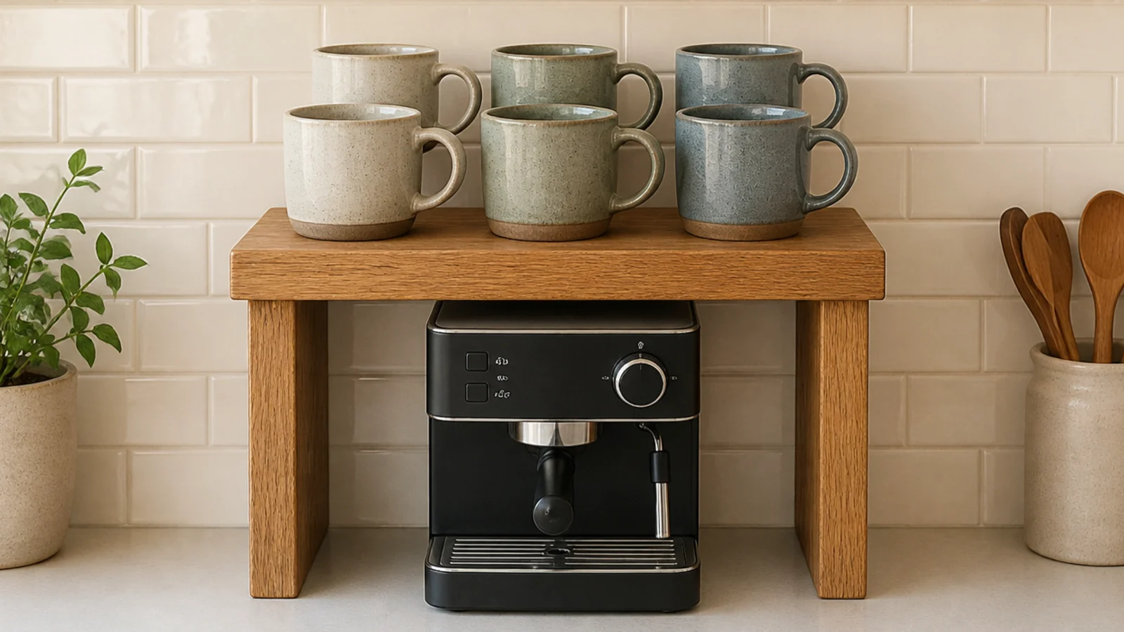 oak riser lifting mugs above a coffee machine on a rental counter